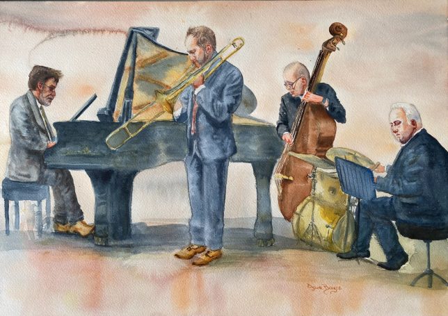 watercolour painting of musicians
