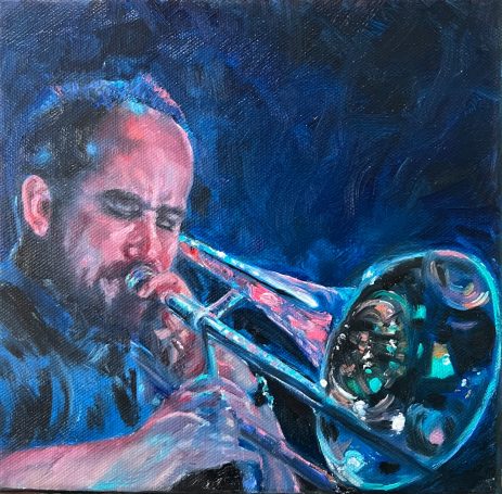 Oil painting of a trombonist 