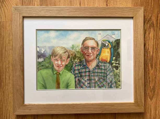 Watercolour of a grandson with this grandad and parrot